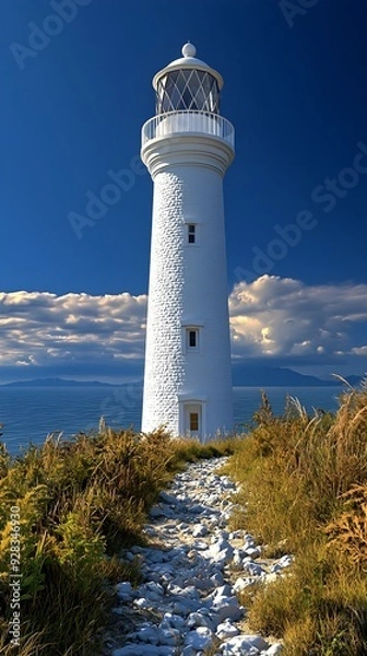 Fototapeta A white lighthouse stands tall against a bright blue sky, a rocky path leading to its base.