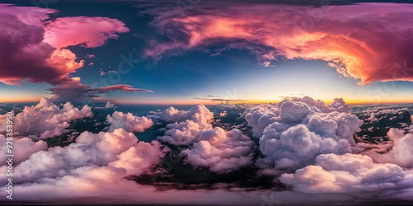 Obraz Full 360 degrees seamless spherical panorama HDRI equirectangular projection of A swirling puffy clouds pink sky. Texture environment map for lighting and reflection source rendering 3d scenes.	
