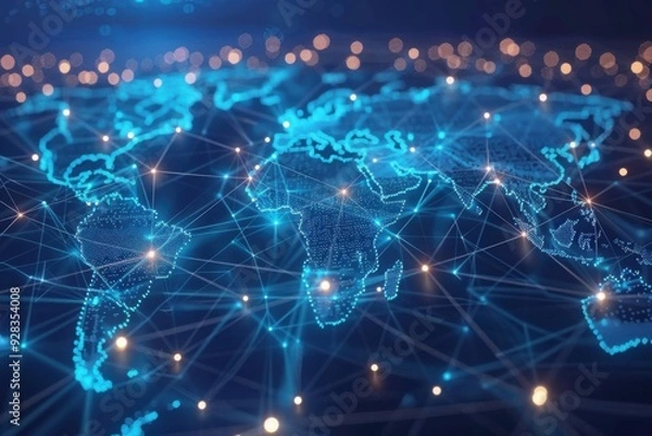 Fototapeta Digital Map with Blockchain Network Connections