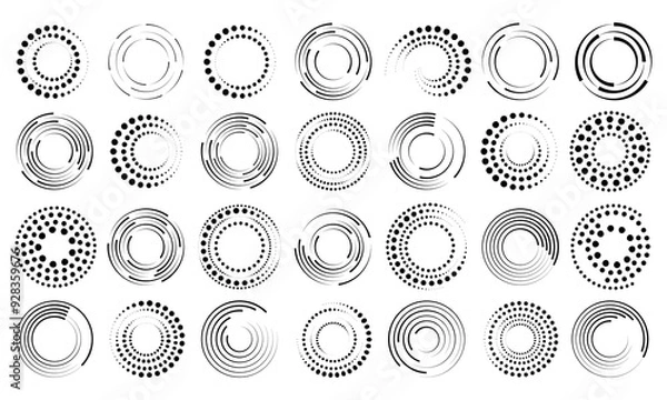 Fototapeta Halftone dotted speed lines circle set. Geometric art in circle forms. Round swirl movement symbols. Halftone circular dotted frames. design elements