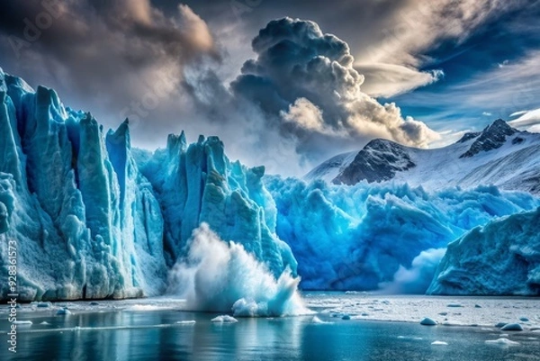 Fototapeta Majestic powerful glacier calving massive iceberg Arctic landscape dramatic intense cold blue icy mountains harsh rugged frozen wilderness adventure