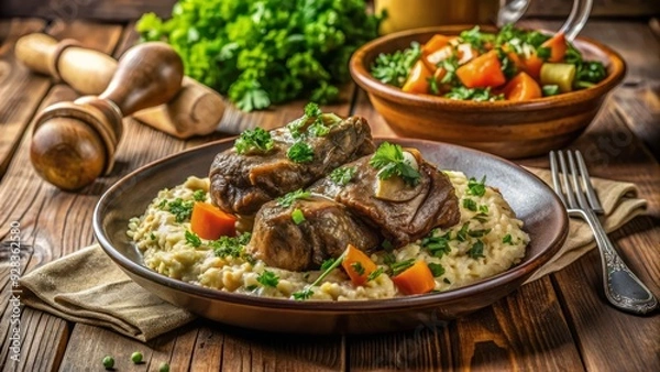 Fototapeta Braised veal shanks with white wine, vegetables, and gremolata, served with risotto and fresh parsley, on a rustic wooden table, warm lighting.