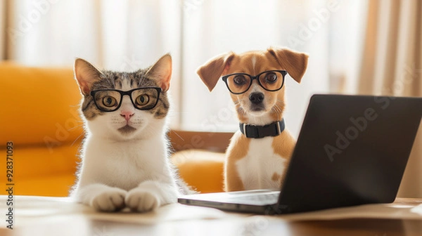 Obraz A cute cat and dog, both wearing glasses, sitting in front of a laptop, appearing as if they are working together. Ideal for humor, pets, and work-from-home concepts.