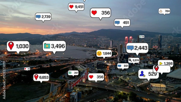 Obraz Social media and notification icons over the cities. social network concept. high quality