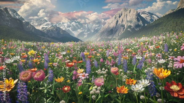 Fototapeta A field of various flowers surrounded by mountains as a backdrop.