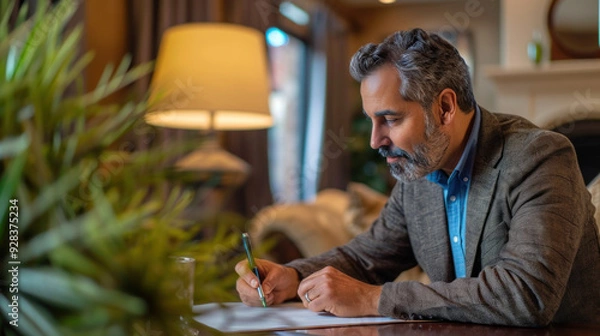 Obraz A middle-aged man signs a lease with a real estate agent while looking at apartments.