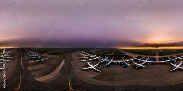 Obraz Full 360 degrees seamless spherical panorama HDRI equirectangular projection of Vast airport tarmac under. Texture environment map for lighting and reflection source rendering 3d scenes.	
