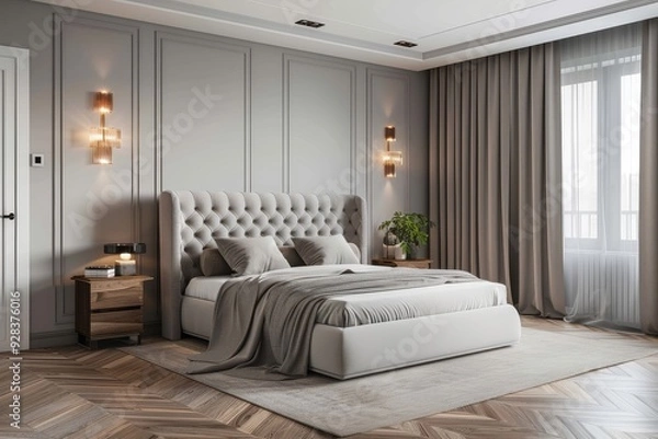 Fototapeta Modern bedroom with grey velvet bed frame, herringbone parquet floor, and soft lighting creating a cozy, luxurious atmosphere.
