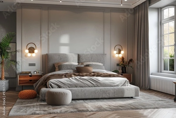 Fototapeta Modern bedroom with grey velvet bed frame, herringbone parquet floor, and soft lighting creating a cozy, luxurious atmosphere.