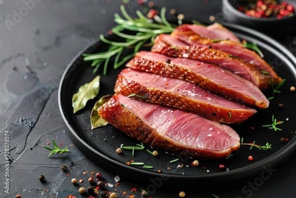 Obraz Duck breast on plate with spices and herbs