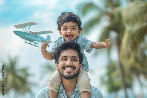 Fototapeta Indian young father and small kid playing, cuddling, flying plane, floating boat, Generative AI