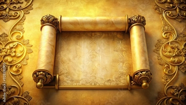 Fototapeta Old parchment scroll with intricate golden trim and ornate font, unfolding on a warm, creamy background with subtle texture and soft, natural lighting.