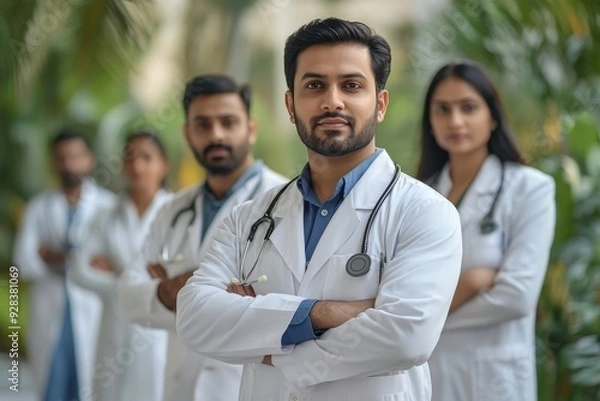 Fototapeta Group of Indian Doctors standing with hands folded, looking at camera, Generative AI