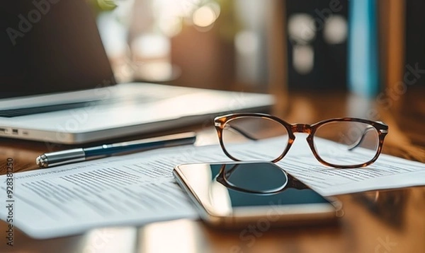 Obraz Glasses, Smartphone, and Pen on a Desk