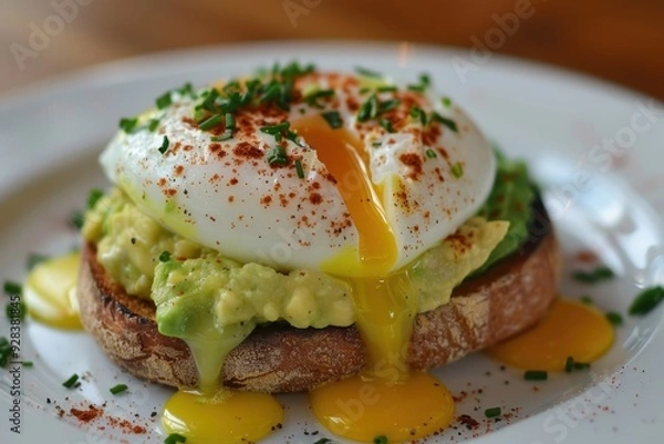 Fototapeta Eggs Benedict with avocado on sourdough