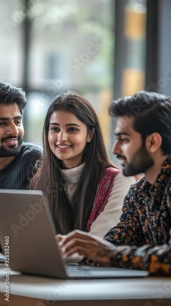 Fototapeta Indian young businesspeople using laptop in group meeting at desk, Generative AI