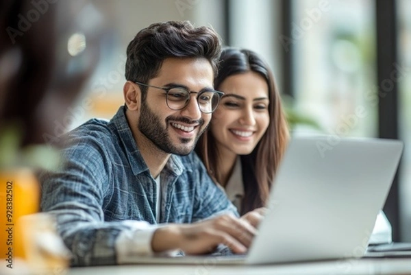 Fototapeta Indian asian young CEO businessman working with female colleague in the office using laptop computer, Generative AI