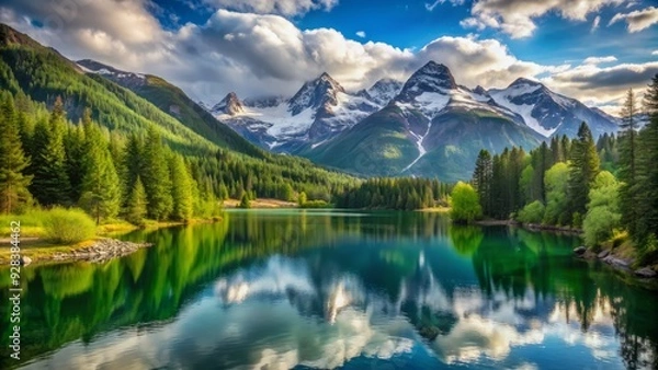 Fototapeta Serene landscape of snow-capped mountains touching the sky, surrounded by lush green forests and a tranquil lake, evoking a sense of peaceful retreat.