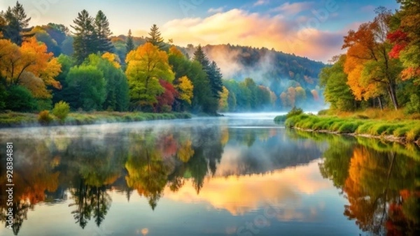 Fototapeta Serene stillwater river scene at dawn with misty fog rolling over calm waters, surrounded by lush green forest and vibrant autumn foliage reflections.
