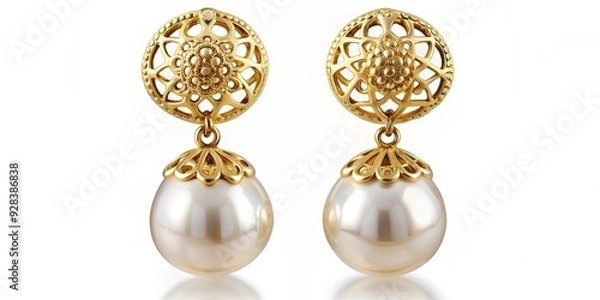 Fototapeta Regal Radiance: Pearl drop earrings with gold vermeil settings, intricate patterns, exuding timeless elegance and refinement.