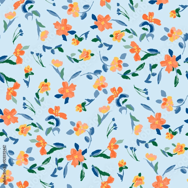 Fototapeta Cute feminine seamless watercolor pattern with little tiny wildflowers, hand drawn, not AI