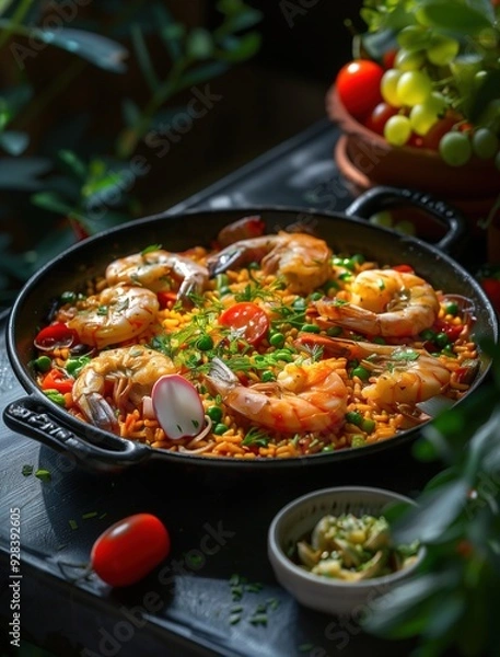 Fototapeta Traditional Mediterranean seafood paella in a rustic setting with direct sunlight
