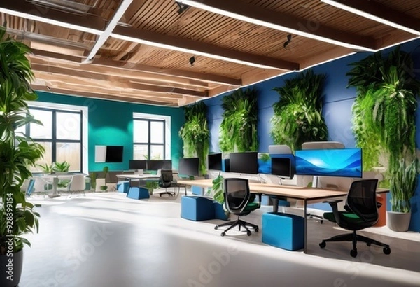 Fototapeta modern dynamic workspace featuring sleek furniture innovative technology enhanced productivity, office, design, interior, ergonomic, creative, collaboration