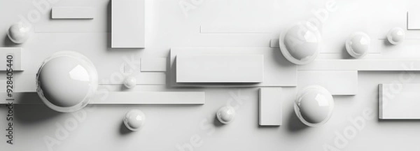 Fototapeta 11. Floating geometric prisms and spheres arranged in an elegant 3D pattern on a clean white backdrop.