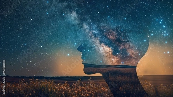 Fototapeta A creative representation of inner peace with a human head outline filled with a starry night sky and a peaceful meadow, reflecting tranquility and vastness.
