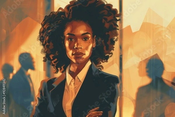 Fototapeta Generative AI illustration of serious african american businesswoman with curly hair in elegant suit while standing in office against blurred people, Generative AI