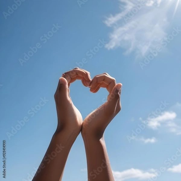 Obraz Self acceptance, learning to love yourself in the form of a person's hands forming a heart shape against a blue sky 