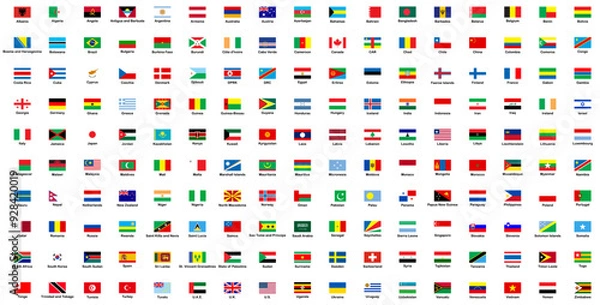 Fototapeta All world flags with signatures vector set of rectangular icons. Flags of all countries and continents. International flags, country emblems, global identity, national flags, geographical symbols