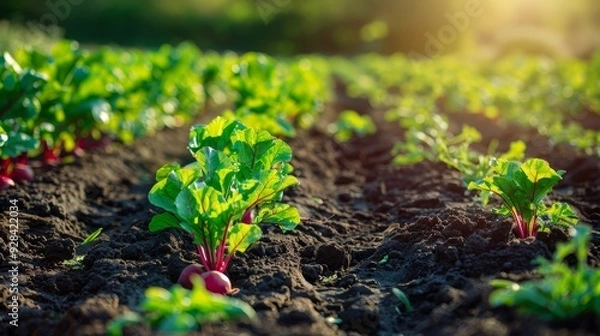 Fototapeta A close-up view of red beets growing in a garden field. The beets are in rows, and the soil is dark and rich. The sun is shining brightly, and the leaves are green and lush. This image symbolizes the 