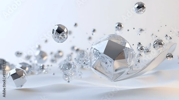 Obraz 44. Floating geometric prisms and spheres in a complex 3D configuration, set against a pristine white background.