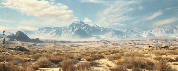 Fototapeta Desert with a view of distant mountains, 4K hyperrealistic photo