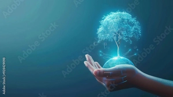 Fototapeta A hand holding a glowing tree growing on a digital globe, symbolizing growth and global connection through technology