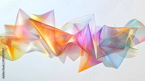 Fototapeta 40. Floating, translucent geometric shapes forming a dynamic and modern 3D arrangement against white.