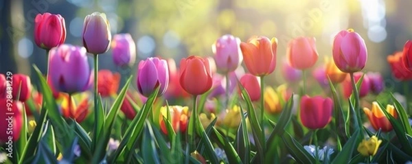 Fototapeta Vibrant tulips in a spring garden, 4K hyperrealistic photo