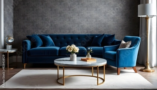 Obraz A living room with a couch a table and a lamp