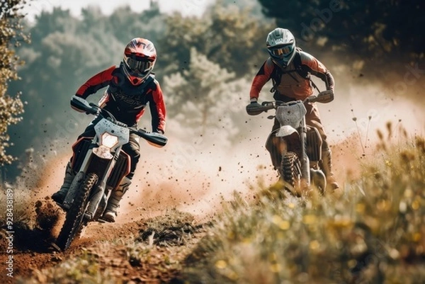 Fototapeta Two motorcyclists in gear riding an enduro bike epic rock motocross race concept assisting at competition