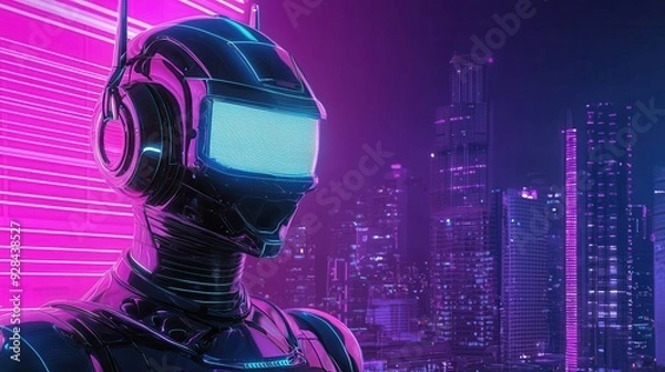 Fototapeta Cyberpunk Robot in Neon City.