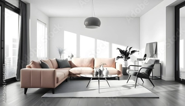 Obraz A living room with a couch a table and a lamp