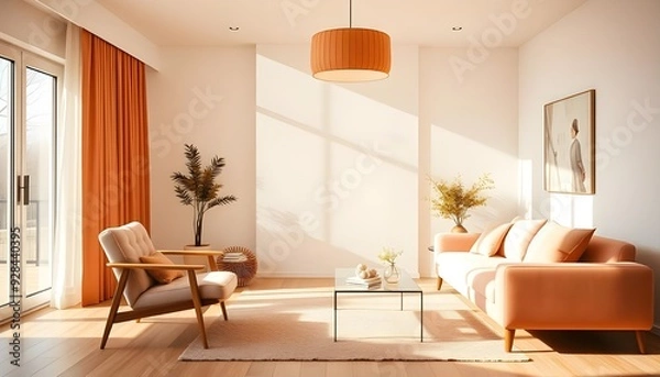 Fototapeta A living room with a couch a table and a lamp