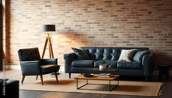 Obraz A living room with a couch a table and a lamp