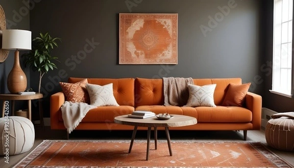 Obraz A living room with a couch a table and a lamp