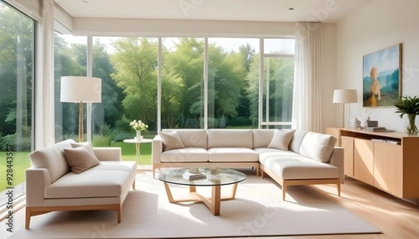 Obraz A living room with a couch a table and a lamp