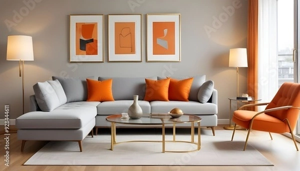 Fototapeta A living room with a couch a table and a lamp