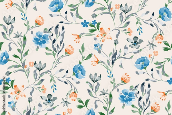 Fototapeta Cute feminine watercolor seamless pattern with wildflowers.hand drawn, not AI