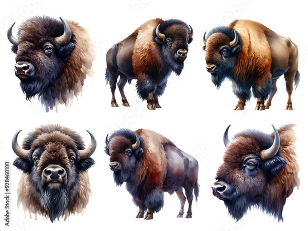 Obraz Realistic Watercolor Bison Illustrations.