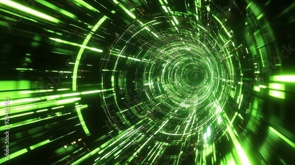 Fototapeta Vibrant green time tunnel with light painting effects, abstract technological background for innovation and futuristic concepts.